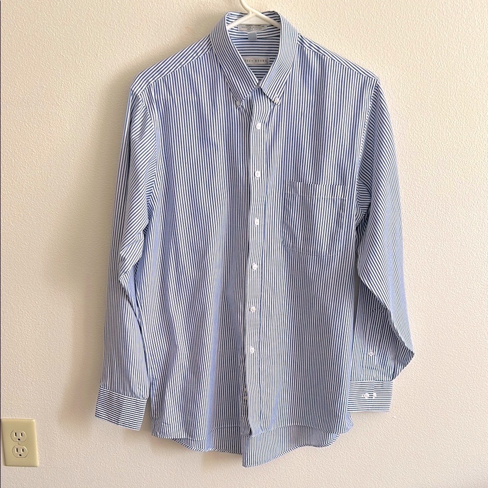 Geoffrey Beene Blue/White Striped Pinpoint Oxford Casual Formal Business Shirt